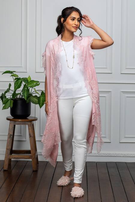 Buy_Rhe-Ana_Pink Wool Crystals Open Neck Embellished Cape _Online_at_Aza_Fashions