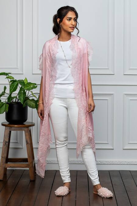 Shop_Rhe-Ana_Pink Wool Crystals Open Neck Embellished Cape _Online_at_Aza_Fashions