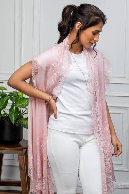 Rhe-Ana_Pink Wool Crystals Open Neck Embellished Cape _at_Aza_Fashions