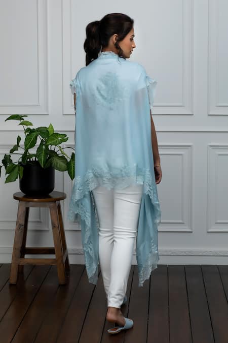 Shop Rhe-Ana Blue Wool Crystals Open Neck Embellished Cape at Aza Fashions Shop_Rhe-Ana_Blue Wool Crystals Open Neck Embellished Cape _at_Aza_Fashions