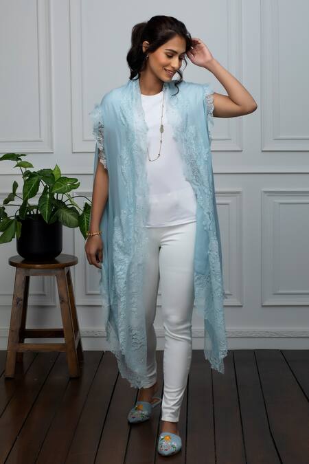 Rhe-Ana Blue Wool Crystals Open Neck Embellished Cape Online at Aza Fashions Rhe-Ana_Blue Wool Crystals Open Neck Embellished Cape _Online_at_Aza_Fashions