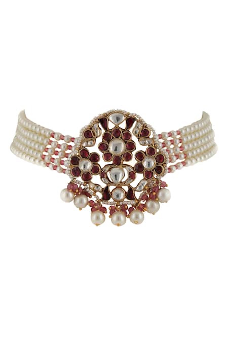 Riana Jewellery_Gold Plated Pearls, Glitter Bead Pendant Choker Set _Online_at_Aza_Fashions