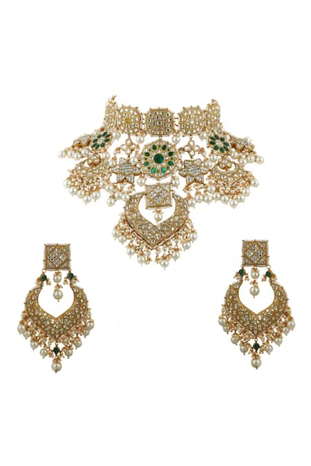Shop Riana Jewellery Gold Plated Pearls, Beads, Glitter Floral Stone Pendant Choker Set at Aza Fashions Shop_Riana Jewellery_Gold Plated Pearls, Beads, Glitter Floral Stone Pendant Choker Set _at_Aza_Fashions