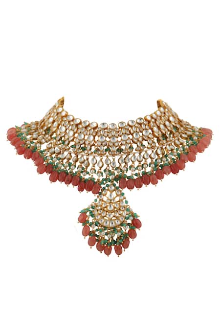 Riana Jewellery_Gold Plated Pearls, Glitter, Stones Pendant Drop Choker Set _Online_at_Aza_Fashions