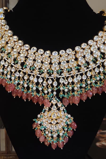 Buy_Riana Jewellery_Gold Plated Pearls, Glitter, Stones Pendant Drop Choker Set _Online_at_Aza_Fashions