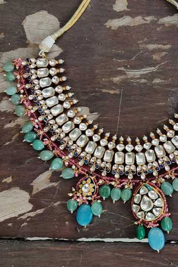 Buy Riana Jewellery Gold Plated Pearls, Glitter, Stones Pendant Drop Choker Set Online at Aza Fashions Buy_Riana Jewellery_Gold Plated Pearls, Glitter, Stones Pendant Drop Choker Set _Online_at_Aza_Fashions