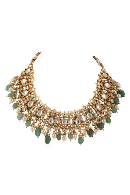 Riana Jewellery_Gold Plated Pearls, Glitter Stone Choker Set _Online_at_Aza_Fashions
