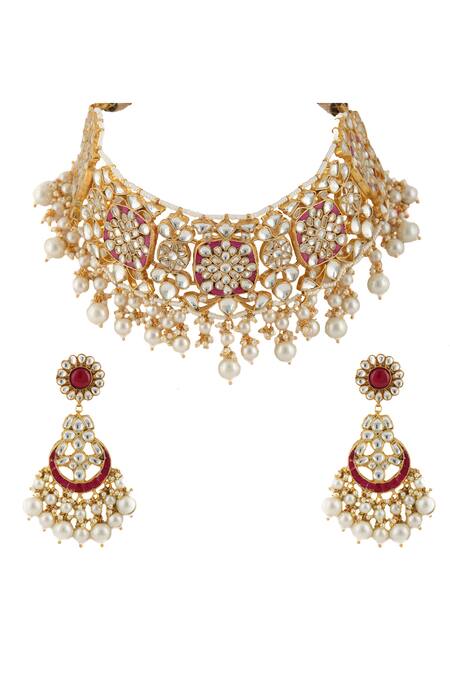 Riana Jewellery_Gold Plated Pearls, Glitter, Stones Floral Carved Choker Jewellery Set _Online_at_Aza_Fashions