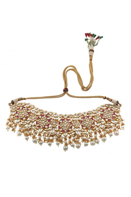 Buy_Riana Jewellery_Gold Plated Pearls, Glitter, Stones Floral Carved Choker Jewellery Set _Online_at_Aza_Fashions