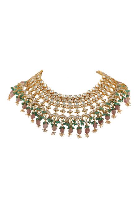 Riana Jewellery_Gold Plated Pearls, Glitter, Stones Bead Drop Choker Set _Online_at_Aza_Fashions