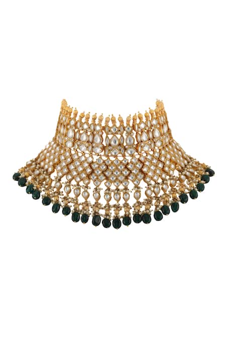 Riana Jewellery_Gold Plated Pearls, Glitter Bead Drop Stone Choker Set _Online_at_Aza_Fashions