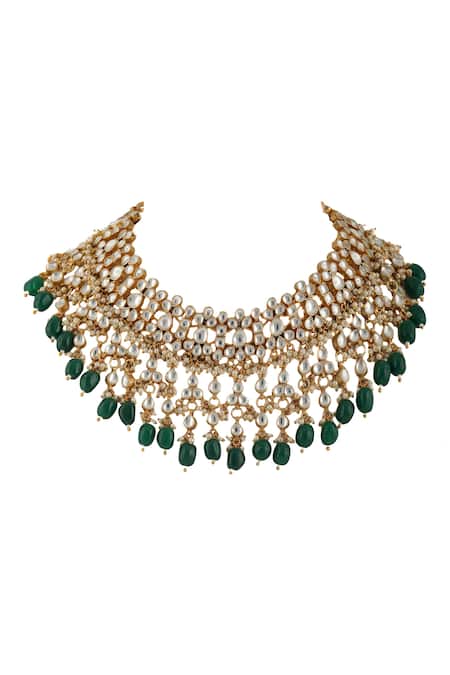 Shop Riana Jewellery Gold Plated Pearls, Stones Bead Drop Choker Set at Aza Fashions Shop_Riana Jewellery_Gold Plated Pearls, Stones Bead Drop Choker Set _at_Aza_Fashions