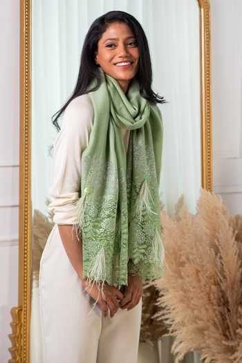 Shop_Rhe-Ana_Green Embellished Paloma Floral Stole _Online_at_Aza_Fashions