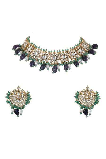 Shop_Riana Jewellery_Gold Plated Jadtar Stone Floral Choker Set _at_Aza_Fashions