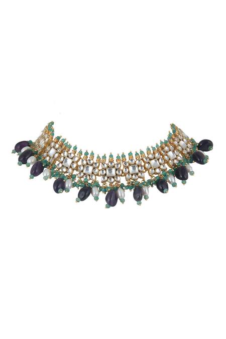 Riana Jewellery_Gold Plated Jadtar Stone Floral Choker Set _Online_at_Aza_Fashions