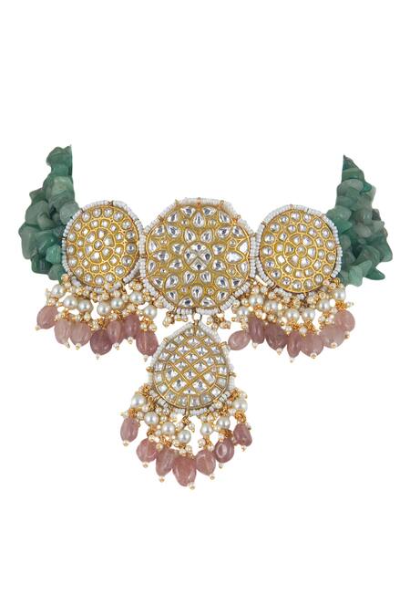 Riana Jewellery_Gold Plated Beads, Pearls, Stones Floral Pendant Choker Set _Online_at_Aza_Fashions