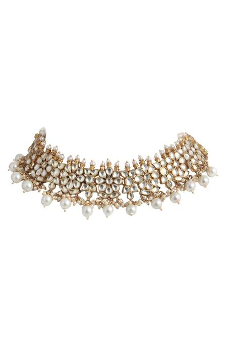 Riana Jewellery_Gold Plated Pearls, Beads Floral Stone Choker Set _Online_at_Aza_Fashions