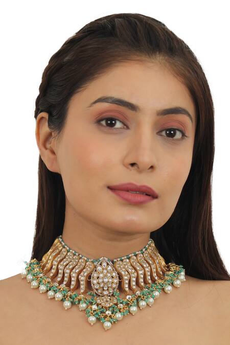 Riana Jewellery Gold Plated Glitter, Beads, Pearls Drop Necklace Set Online at Aza Fashions Riana Jewellery_Gold Plated Glitter, Beads, Pearls Drop Necklace Set _Online_at_Aza_Fashions