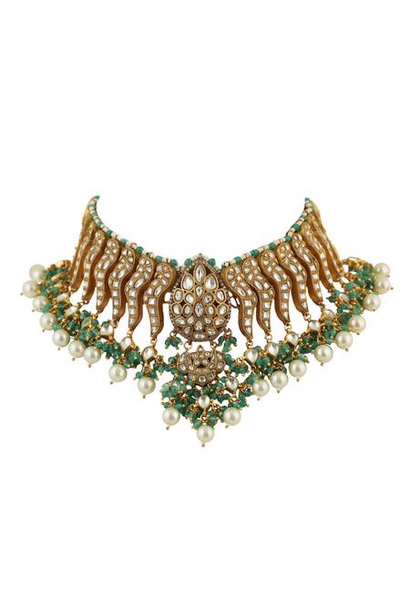 Shop Riana Jewellery Gold Plated Glitter, Beads, Pearls Drop Necklace Set Online at Aza Fashions Shop_Riana Jewellery_Gold Plated Glitter, Beads, Pearls Drop Necklace Set _Online_at_Aza_Fashions