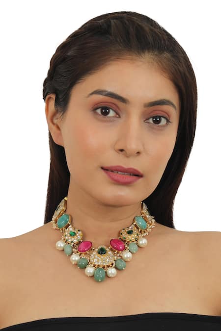 Buy Riana Jewellery Gold Plated Pearls, Beads Stone Carved Necklace Set Online at Aza Fashions Buy_Riana Jewellery_Gold Plated Pearls, Beads Stone Carved Necklace Set _Online_at_Aza_Fashions