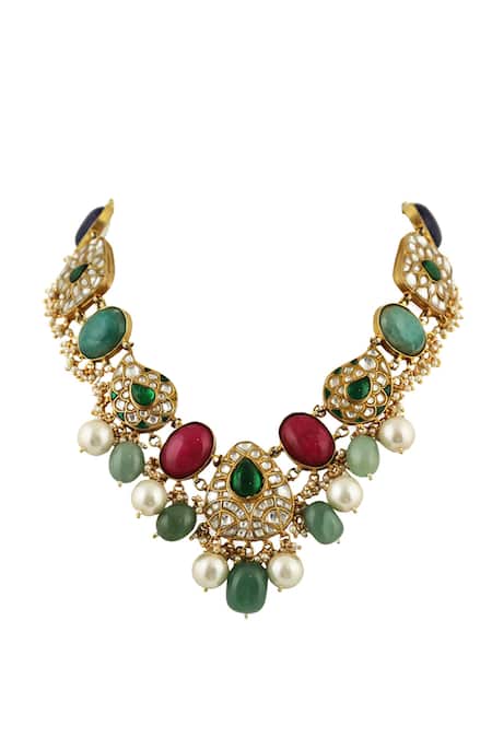 Shop Riana Jewellery Gold Plated Pearls, Beads Stone Carved Necklace Set Online at Aza Fashions Shop_Riana Jewellery_Gold Plated Pearls, Beads Stone Carved Necklace Set _Online_at_Aza_Fashions