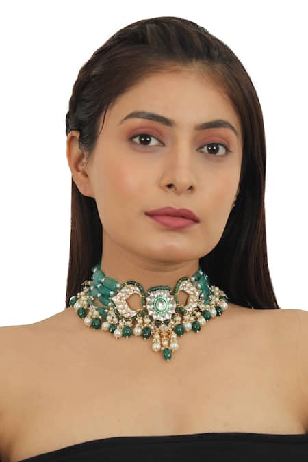 Buy_Riana Jewellery_Gold Plated Glitter, Pearls, Stones Bead Drop Necklace Set _Online_at_Aza_Fashions