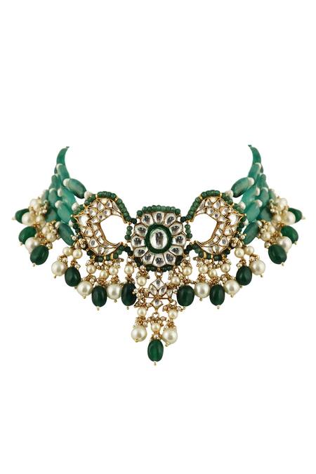 Shop_Riana Jewellery_Gold Plated Glitter, Pearls, Stones Bead Drop Necklace Set _Online_at_Aza_Fashions