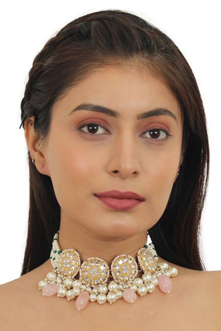 Riana Jewellery Gold Plated Glitter, Pearls, Stones Floral Carved Necklace Set Online at Aza Fashions Riana Jewellery_Gold Plated Glitter, Pearls, Stones Floral Carved Necklace Set _Online_at_Aza_Fashions