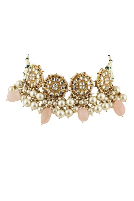 Shop Riana Jewellery Gold Plated Glitter, Pearls, Stones Floral Carved Necklace Set Online at Aza Fashions Shop_Riana Jewellery_Gold Plated Glitter, Pearls, Stones Floral Carved Necklace Set _Online_at_Aza_Fashions