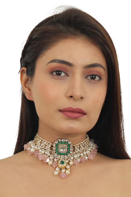 Buy_Riana Jewellery_Gold Plated Glitter, Stones, Pearls Embellished Necklace Set _Online_at_Aza_Fashions