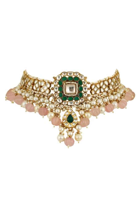 Shop_Riana Jewellery_Gold Plated Glitter, Stones, Pearls Embellished Necklace Set _Online_at_Aza_Fashions