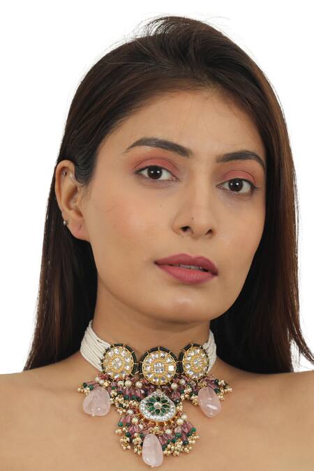 Riana Jewellery Gold Plated Glitter, Pearls, Stones Embellished Necklace Set Online at Aza Fashions Riana Jewellery_Gold Plated Glitter, Pearls, Stones Embellished Necklace Set _Online_at_Aza_Fashions