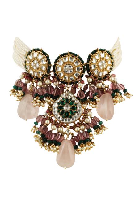 Shop Riana Jewellery Gold Plated Glitter, Pearls, Stones Embellished Necklace Set Online at Aza Fashions Shop_Riana Jewellery_Gold Plated Glitter, Pearls, Stones Embellished Necklace Set _Online_at_Aza_Fashions