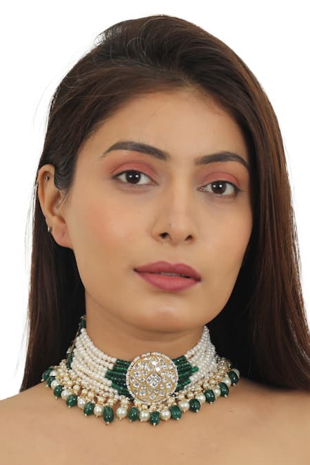Riana Jewellery Gold Plated Glitter, Stones, Beads Embellished Necklace Set Online at Aza Fashions Riana Jewellery_Gold Plated Glitter, Stones, Beads Embellished Necklace Set _Online_at_Aza_Fashions