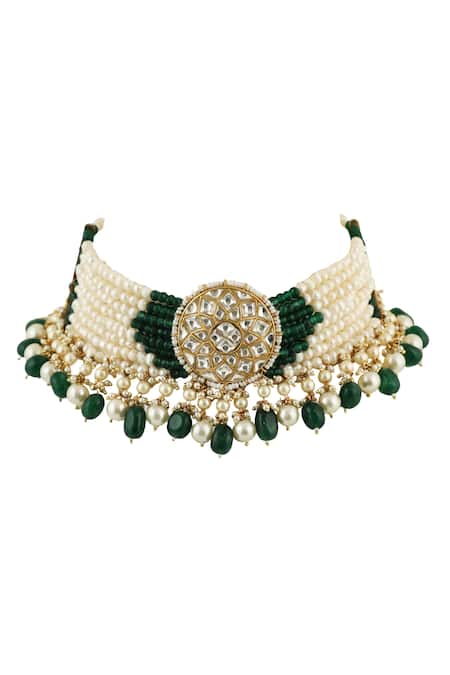 Shop Riana Jewellery Gold Plated Glitter, Stones, Beads Embellished Necklace Set Online at Aza Fashions Shop_Riana Jewellery_Gold Plated Glitter, Stones, Beads Embellished Necklace Set _Online_at_Aza_Fashions