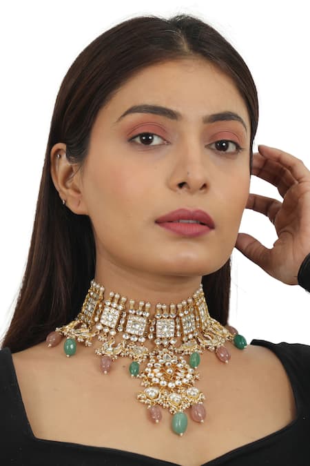 Riana Jewellery Gold Plated Glitter, Stones Embellished Necklace Set Online at Aza Fashions Riana Jewellery_Gold Plated Glitter, Stones Embellished Necklace Set _Online_at_Aza_Fashions