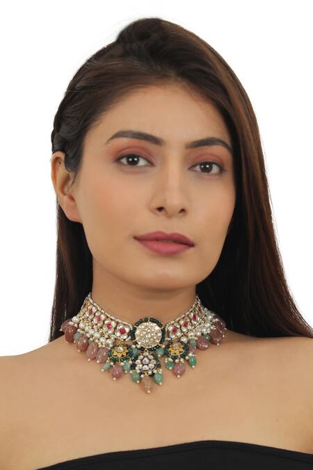 Buy_Riana Jewellery_Gold Plated Beads, Stones Studded Necklace Set _Online_at_Aza_Fashions
