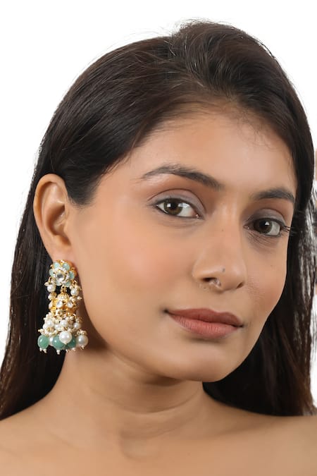 Riana Jewellery White Pearls, Diamonds, Stones Jade Embellished Floral Necklace Set at Aza Fashions Riana Jewellery_White Pearls, Diamonds, Stones Jade Embellished Floral Necklace Set _at_Aza_Fashions