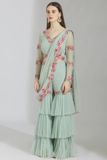 Rajat & Shraddha Blue Net V Neck Embellished Pre-draped Sharara Set Online at Aza Fashions Rajat & Shraddha_Blue Net V Neck Embellished Pre-draped Sharara Set _Online_at_Aza_Fashions