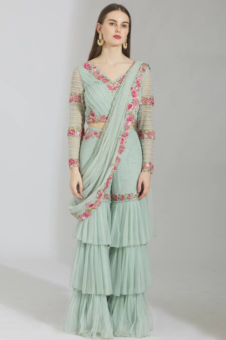 Buy Rajat & Shraddha Blue Net V Neck Embellished Pre-draped Sharara Set Online at Aza Fashions Buy_Rajat & Shraddha_Blue Net V Neck Embellished Pre-draped Sharara Set _Online_at_Aza_Fashions