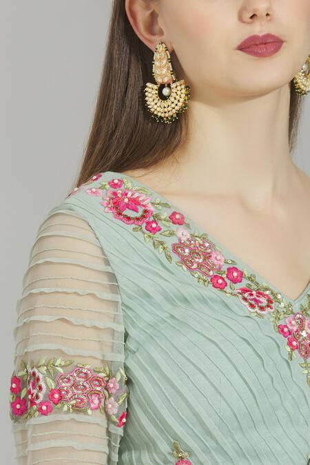 Rajat & Shraddha Blue Net V Neck Embellished Pre-draped Sharara Set at Aza Fashions Rajat & Shraddha_Blue Net V Neck Embellished Pre-draped Sharara Set _at_Aza_Fashions