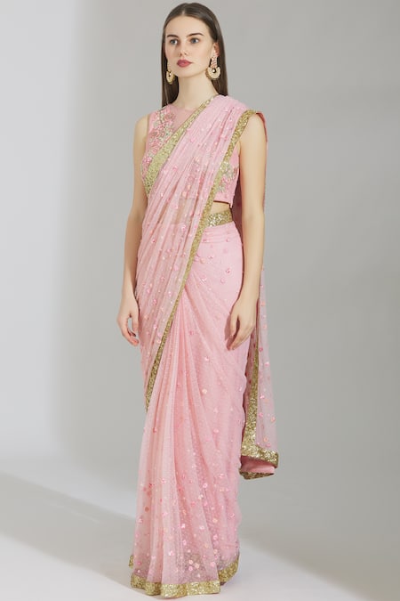 Rajat & Shraddha_Pink Geo Round Embellished Pre-draped Saree  _Online_at_Aza_Fashions
