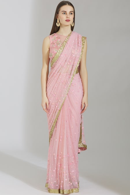 Buy_Rajat & Shraddha_Pink Geo Round Embellished Pre-draped Saree  _Online_at_Aza_Fashions