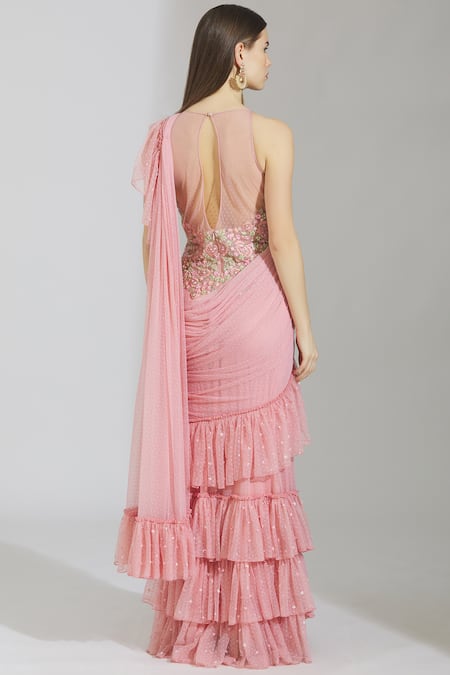 Shop_Rajat & Shraddha_Pink Dotted Net Boat Embellished Pre-draped Gown Saree  _at_Aza_Fashions