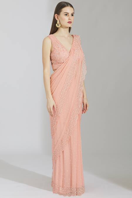 Rajat & Shraddha_Pink Net V Neck Embellished Pre-draped Saree  _Online_at_Aza_Fashions