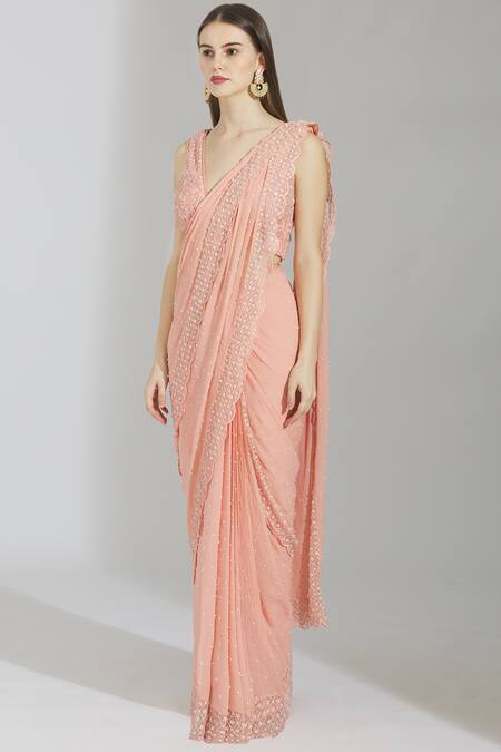 Buy_Rajat & Shraddha_Pink Net V Neck Embellished Pre-draped Saree  _Online_at_Aza_Fashions