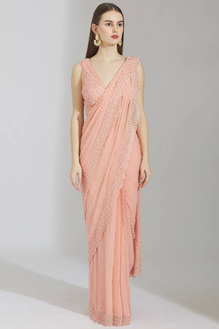 Shop_Rajat & Shraddha_Pink Net V Neck Embellished Pre-draped Saree  _Online_at_Aza_Fashions