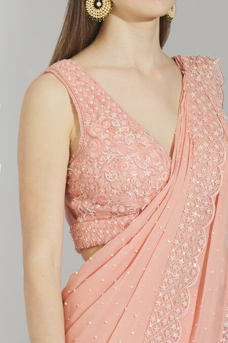Rajat & Shraddha_Pink Net V Neck Embellished Pre-draped Saree  _at_Aza_Fashions