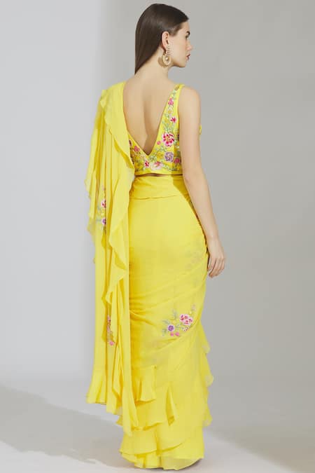 Shop_Rajat & Shraddha_Yellow Georgette V Neck Embellished Pre-draped Saree  _at_Aza_Fashions