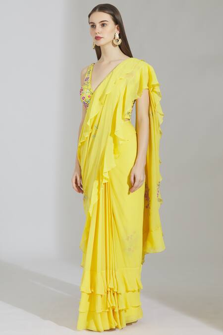 Rajat & Shraddha_Yellow Georgette V Neck Embellished Pre-draped Saree  _Online_at_Aza_Fashions